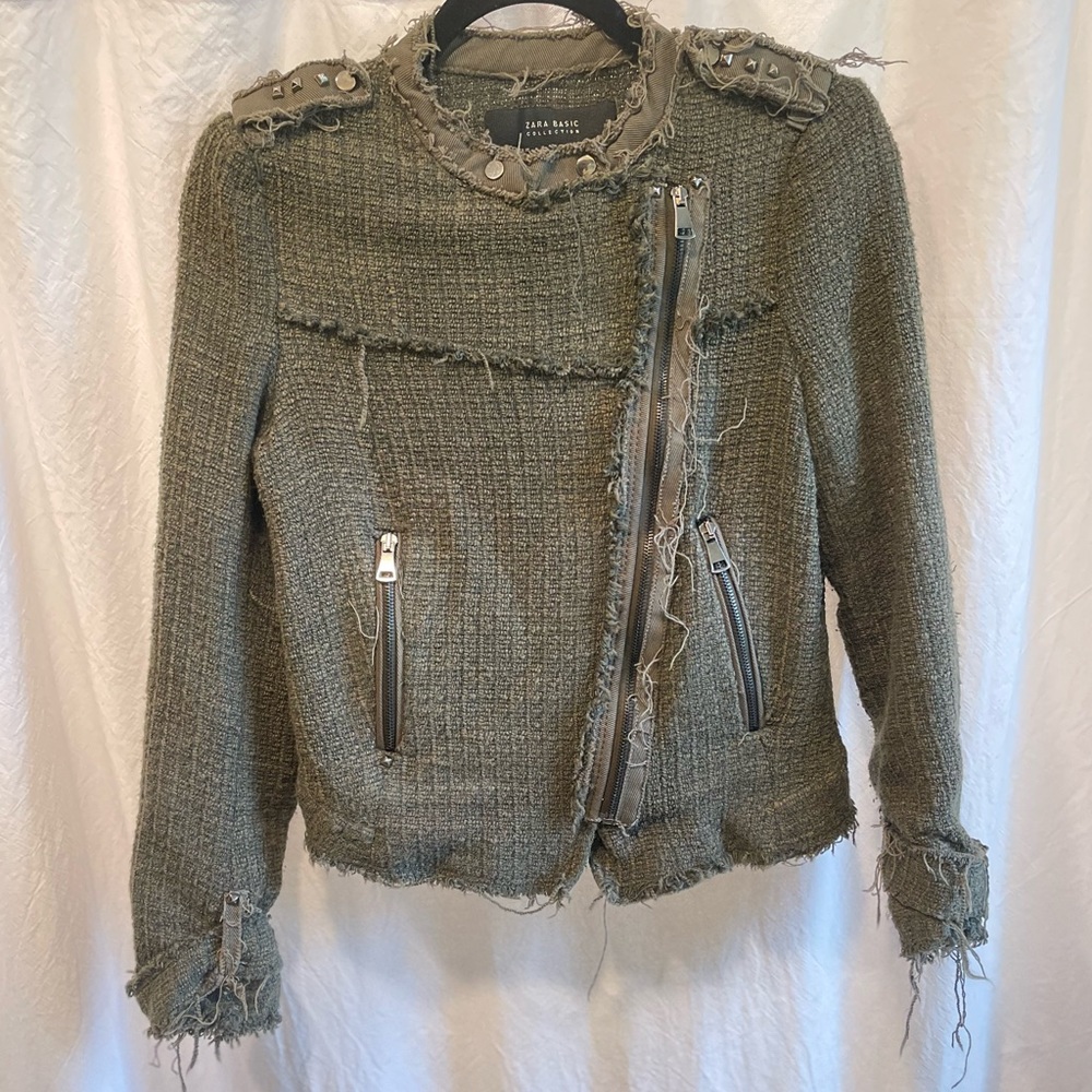 Zara Basic Olive Distressed Moto Jacket Women's Asymmetrical Zipper Pockets L